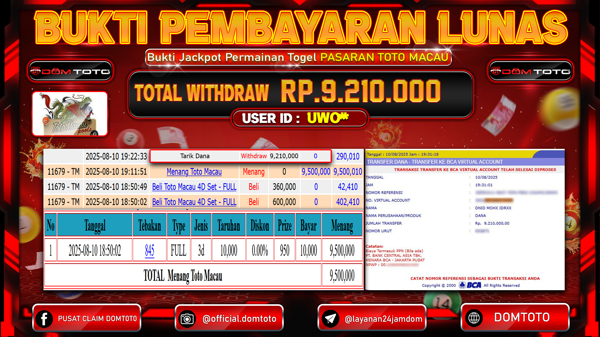 JACKPOT TOGEL TOTO MACAU 10 AGUSTUS  2025